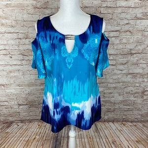 Nygard Petite Medium Cold Shoulder V-Neck Blue Abstract Top NWT
